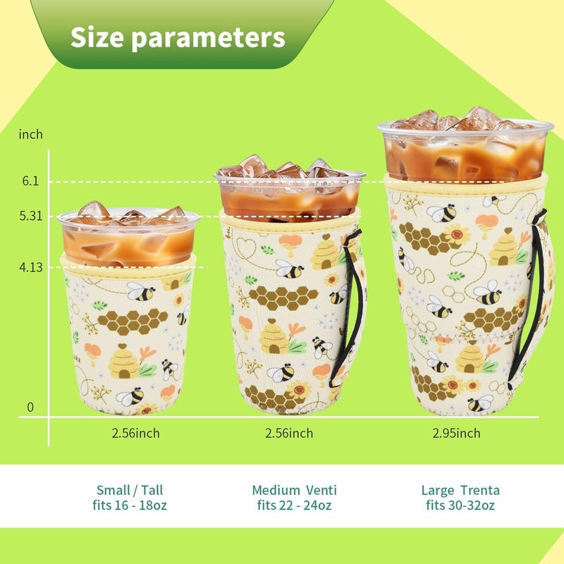 Snowso 3 Pack Iced Coffee sleeve Insulated Neoprene Cup Sleeves with handle For Cold Drinks Beverages, Reusable Cup Holder for 16oz-32oz Coffee Cups (Honeycomb Buzz) - Image 2
